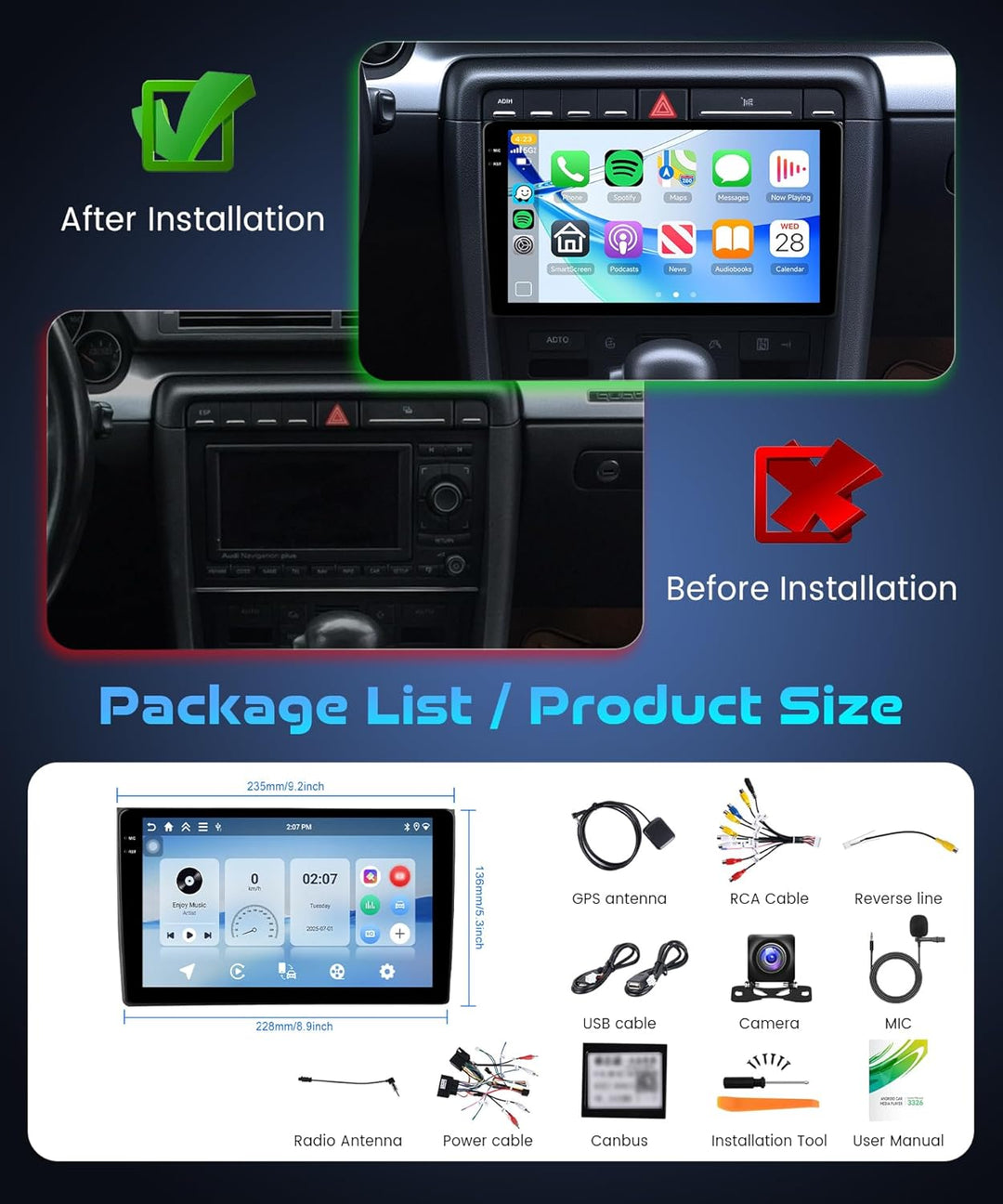 4G+128G Rimoody Android Autoradio für Audi A4 S4 RS4 B6 B7 8E 2000-2009 9" IN-Cell Bildschirm mit Wi