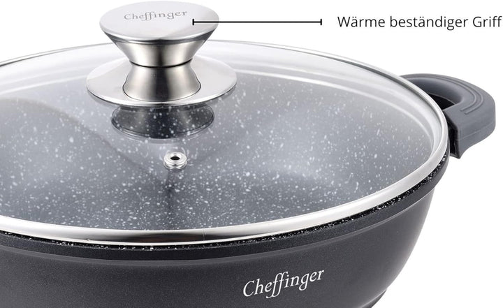 Cheffinger Kochtopf Aluguss Induktion Ø24cm Suppentopf Pfanne Topf Deckel Brattopf Schwarz, CF-DC24