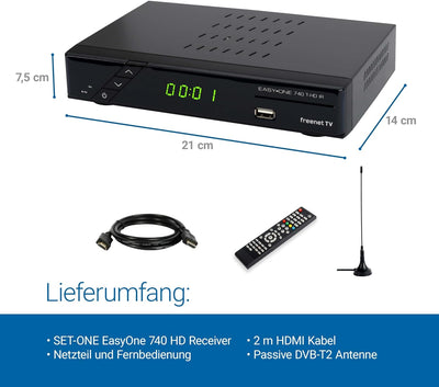 Set-ONE EasyOne 740 HD DVB-T2 Receiver, Freenet TV (Private Sender in HD), Full-HD 1080p, HDMI, USB