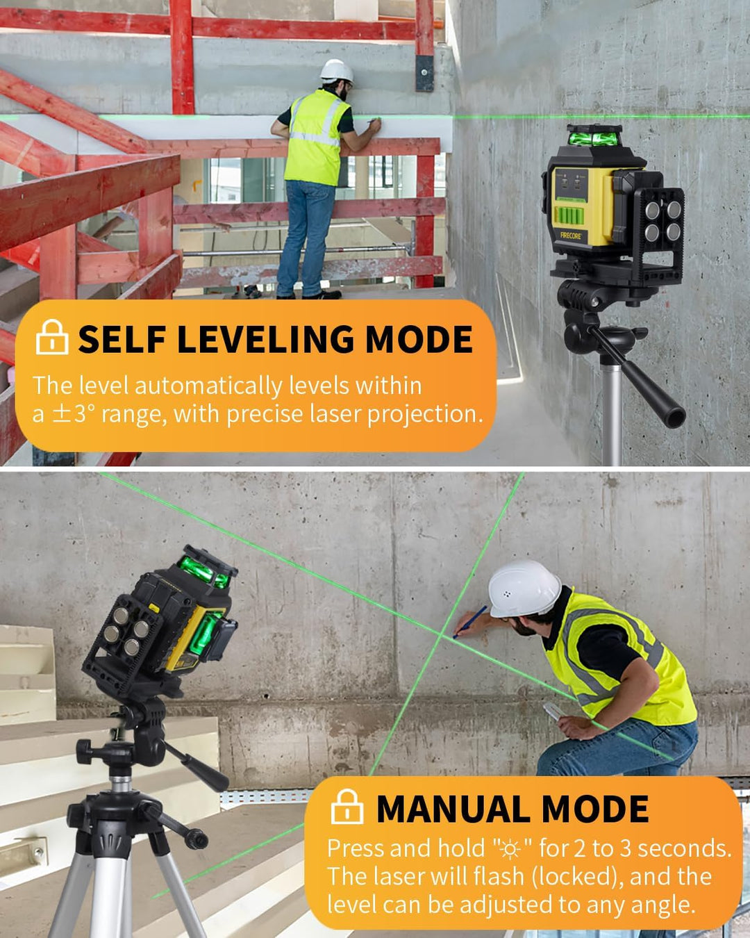 Kreuzlinienlaser mit Stativ, Firecore Laser-Wasserwaage Selbstnivellierend Linienlaser Grün, 3×360°