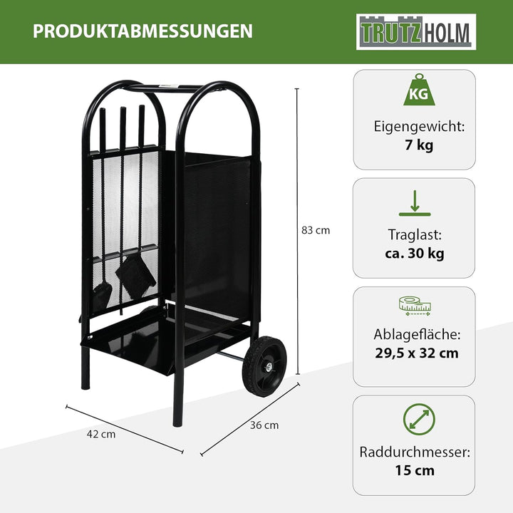TRUTZHOLM Kaminholzwagen mit Kaminbesteck 3 tlg. Schaufel, Besen, Schürhaken 83x42x36 cm, schwarz Ka
