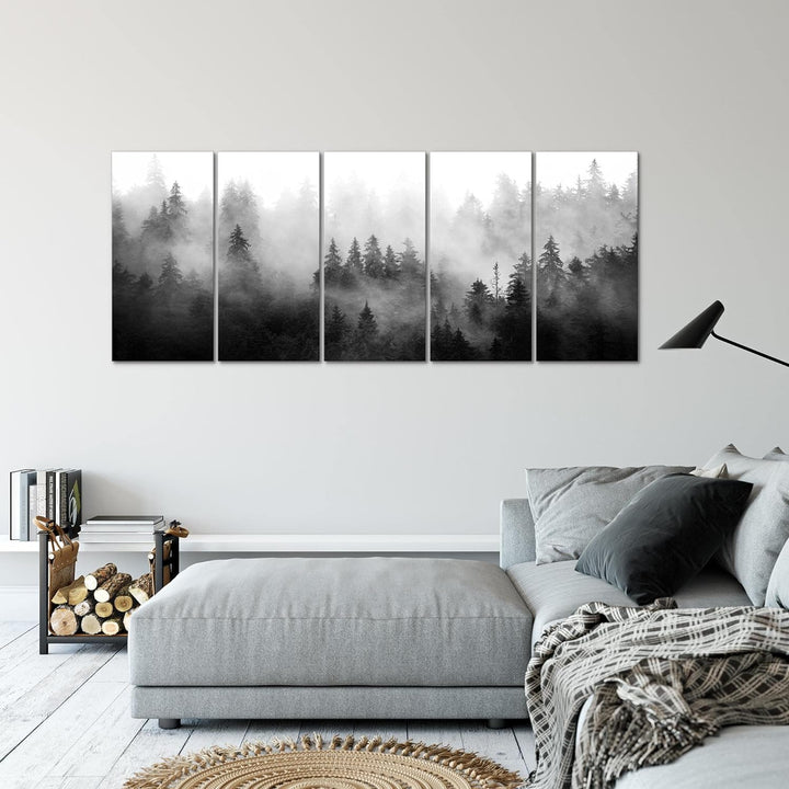 Runa Art Wandbild XXL Wald Natur Wohnzimmer Schlafzimmer 200 x 80 cm Schwarz Weiss 5 Teilig - Made i