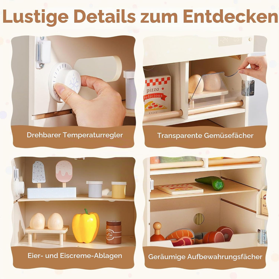 ROBUD Holzspielzeug-Kühlschrank-Set, Rollenspiel-Kühlschrank für Kinder mit Tafel, Gefrierfach, Kühl