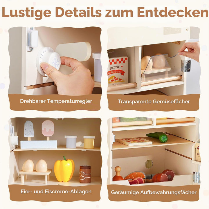 ROBUD Holzspielzeug-Kühlschrank-Set, Rollenspiel-Kühlschrank für Kinder mit Tafel, Gefrierfach, Kühl