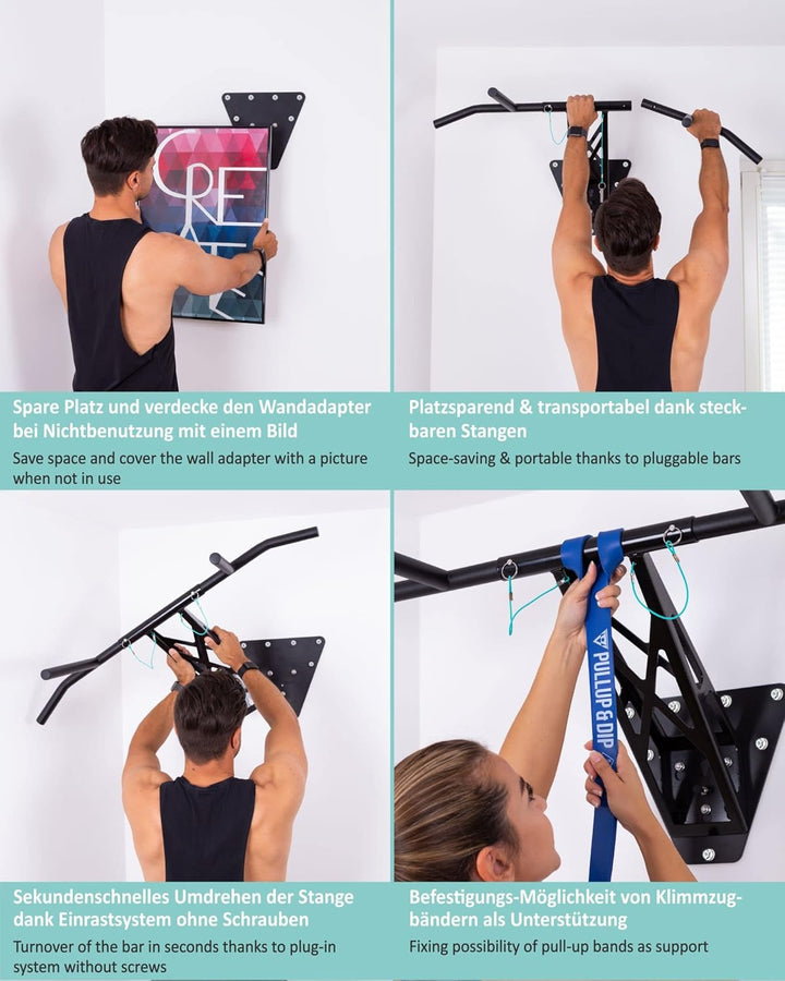 PULLUP & DIP Premium Klimmzugstange und Dip Stange, Mobil für Wand und Befestigung an Baum & Pfosten
