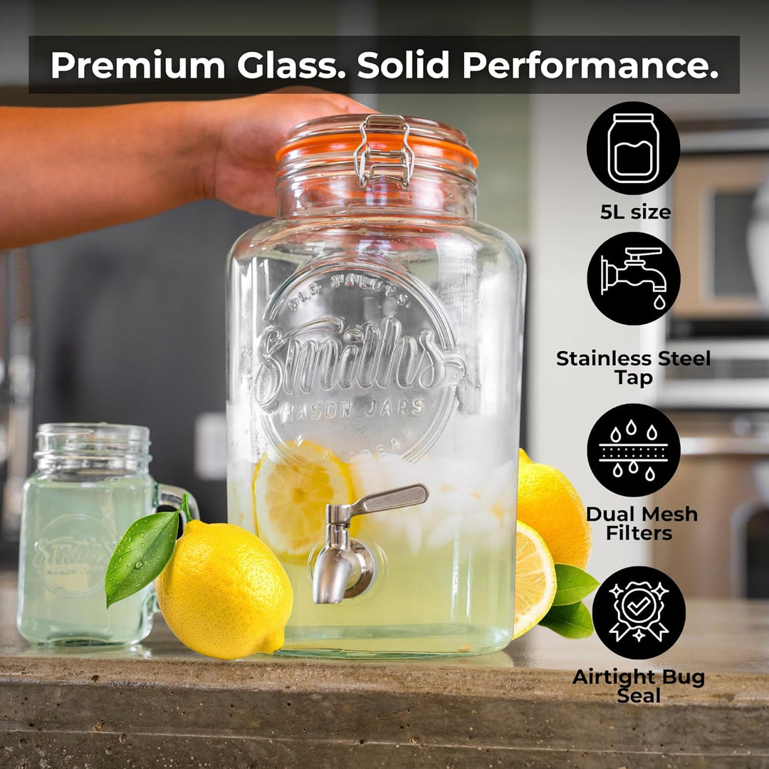 Getränkespender mit Zapfhahn – 5L Getränkespender Glas mit Edelstahlhahn – Limonadenspender & Saftsp