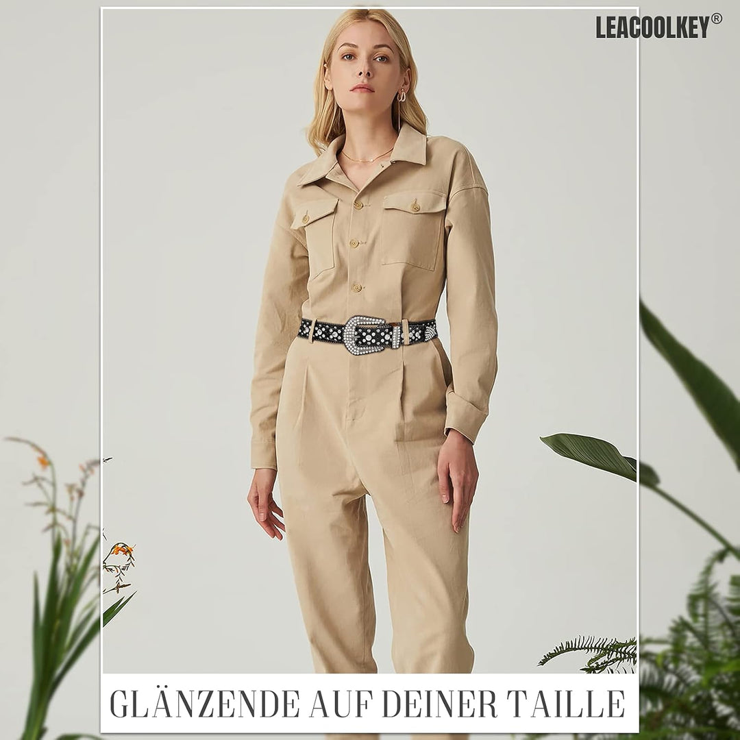 LEACOOLKEY Damen Männer Mode Strass Gürtel, Western Cowgirl Nieten Punk PU Ledergürtel für Jeans XL: