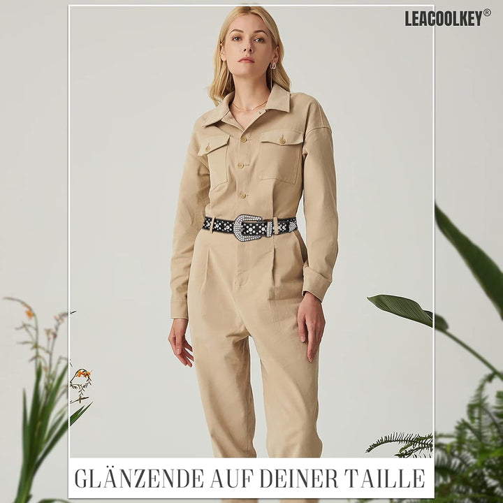 LEACOOLKEY Damen Männer Mode Strass Gürtel, Western Cowgirl Nieten Punk PU Ledergürtel für Jeans XL: