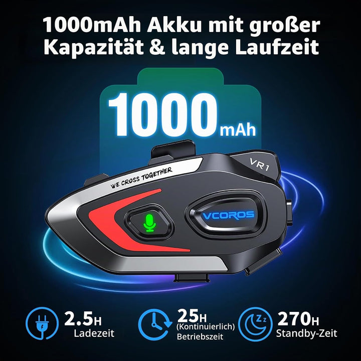 Motorrad Headset VR1,Motorrad Kopfhörer für eine Person,Motorrad Headset Bluetooth,Wasserdicht IPX6,