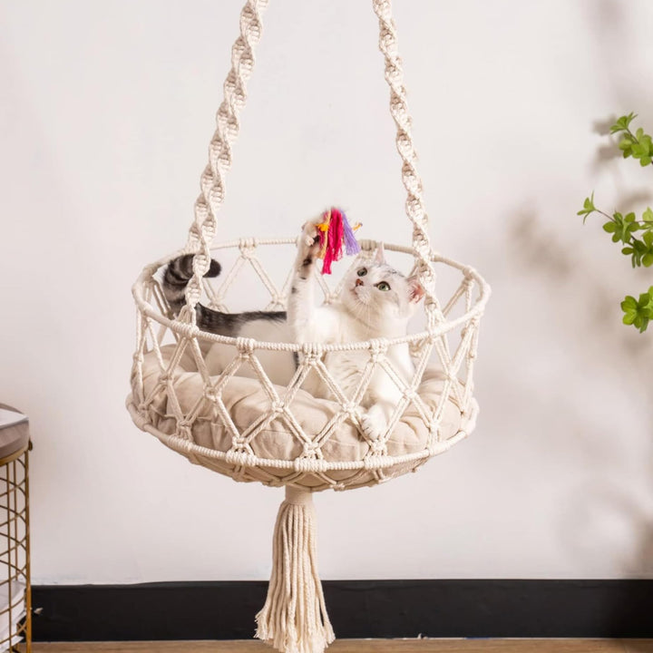 Katzenschaukel, 49 Zoll grosses hängendes Katzenbett mit Baumwollmatte, Hängematte im Boho-Stil mit