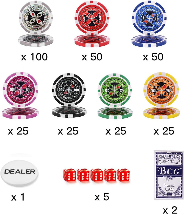 DREAMADE Poker-Set mit 300 Poker Chips, Pokerset Koffer Profi,Pokerkoffer aus Alu, Pokerspiel mit 1