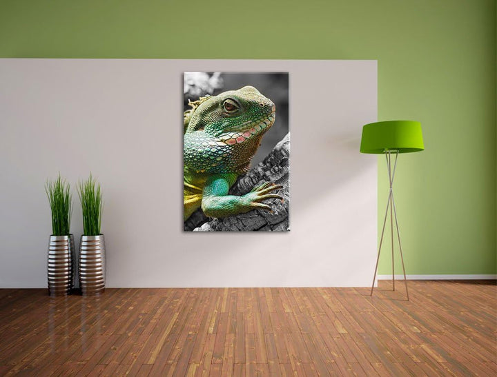 Pixxprint grosses Chamäleon schwarz/weiss auf Leinwand, XXL riesige Bilder fertig gerahmt mit Keilra