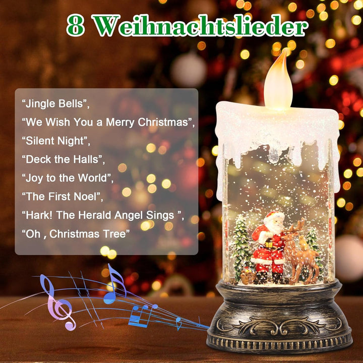 Eldnacele Schneekugel Weihnachtslaterne mit Timer & Musik, fliegendem Weihnachtsmann mit Rentieren,