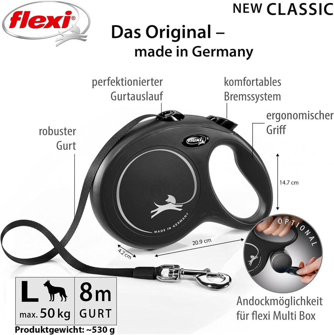 FLEXI - Neue klassische, ausziehbare Leine für Hunde bis 50 kg - Ultrastarker Gurt - 360°-Führungs-
