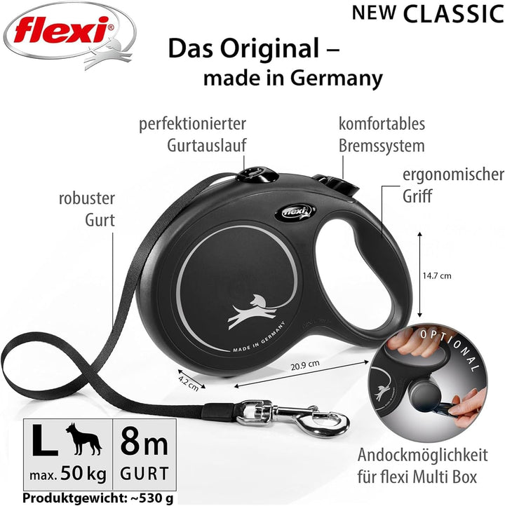 FLEXI - Neue klassische, ausziehbare Leine für Hunde bis 50 kg - Ultrastarker Gurt - 360°-Führungs-