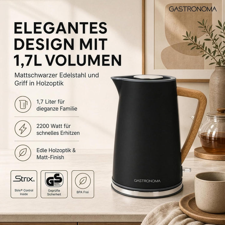 Gastronoma Wasserkocher Edelstahl 1,7 L - Kettle mit Kalkfilter - Schwarz | 2200 W - 360° Pirouetteb