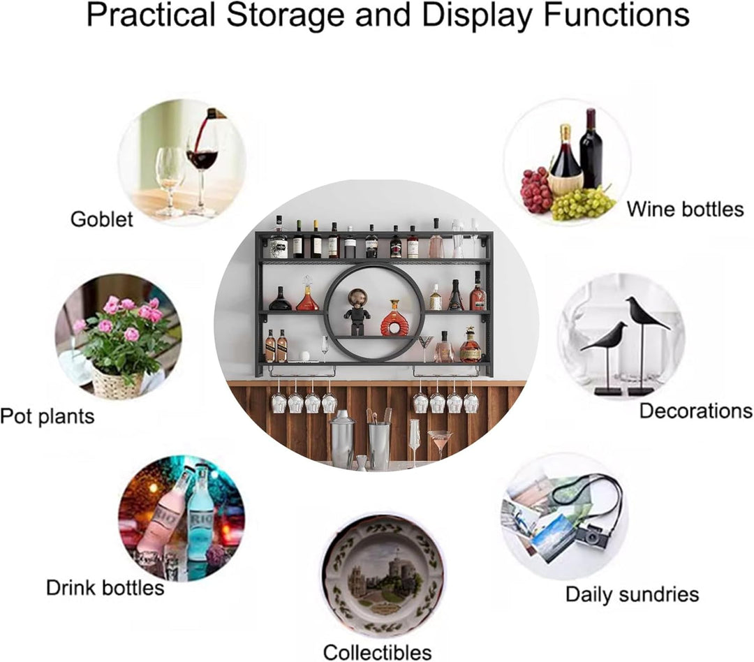 Weinregal Wand Metall Flaschenregal Schmal Wine Rack Bar Regal Wand mit Weinglashalter Getränkeregal