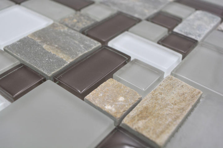 Mosaik Kombination Crystal/Stein mix grau/braun Glasmosaik Transluzent Transparent 3D, Mosaikstein F