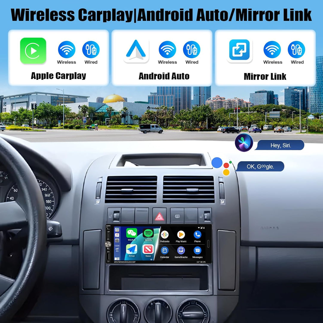 CAMECHO 1 Din Autoradio 6.9 Zoll Wireless Carplay HD IPS Touchscreen Radio Bluetooth mit Android Aut