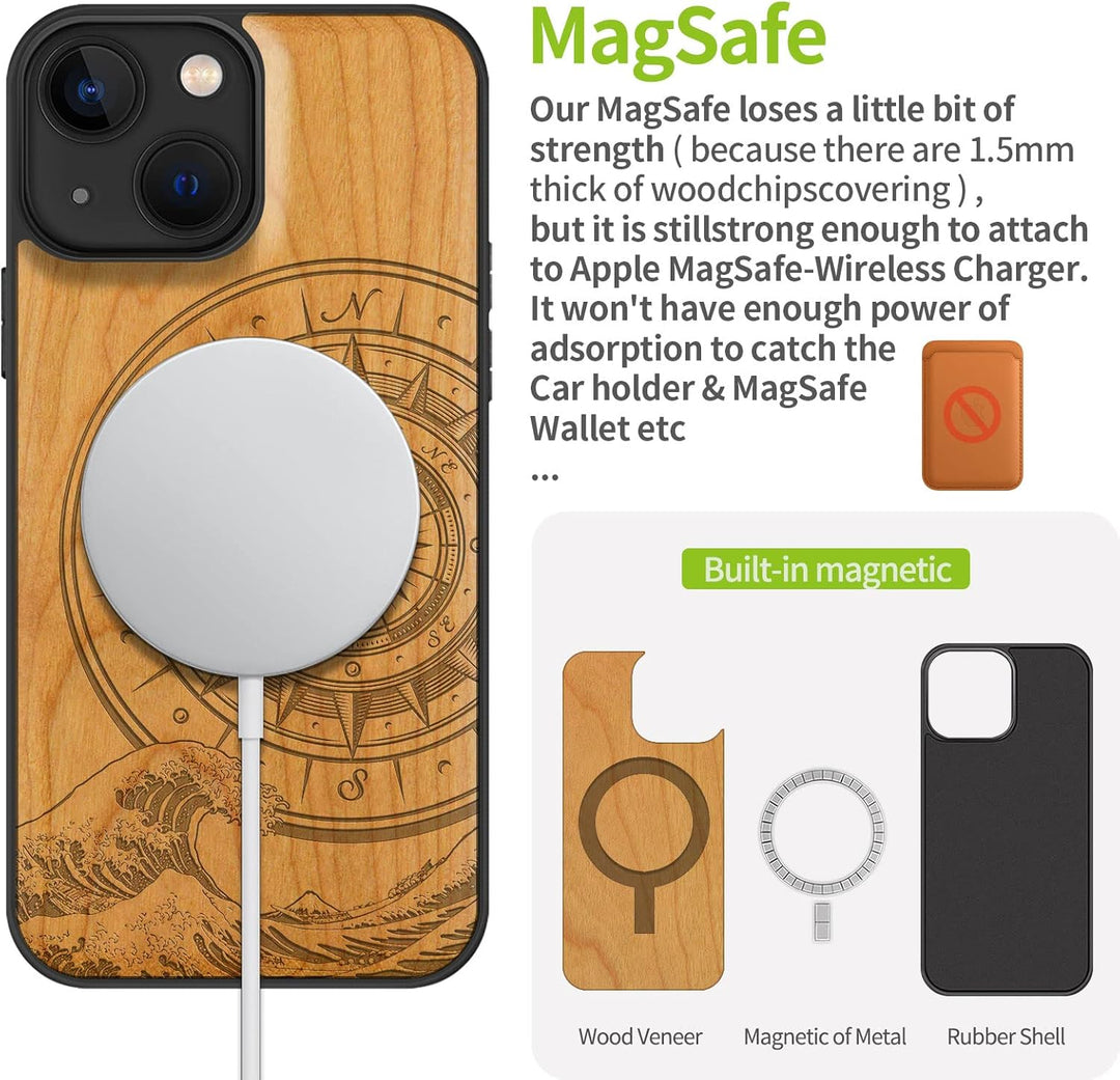 Carveit Magnetisch Hülle für iPhone 13 Mini [Elegante Kirschholz] [Weich TPU Stossstange] Stossfeste