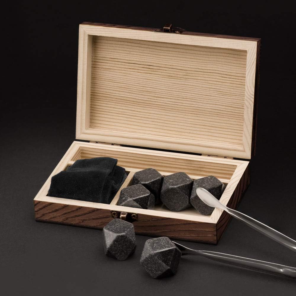 Maverton Whisky Steine Set - in Holzbox mit Gravur - 6 Eiswürfel + Zange + Velourbeutel - wiederverw