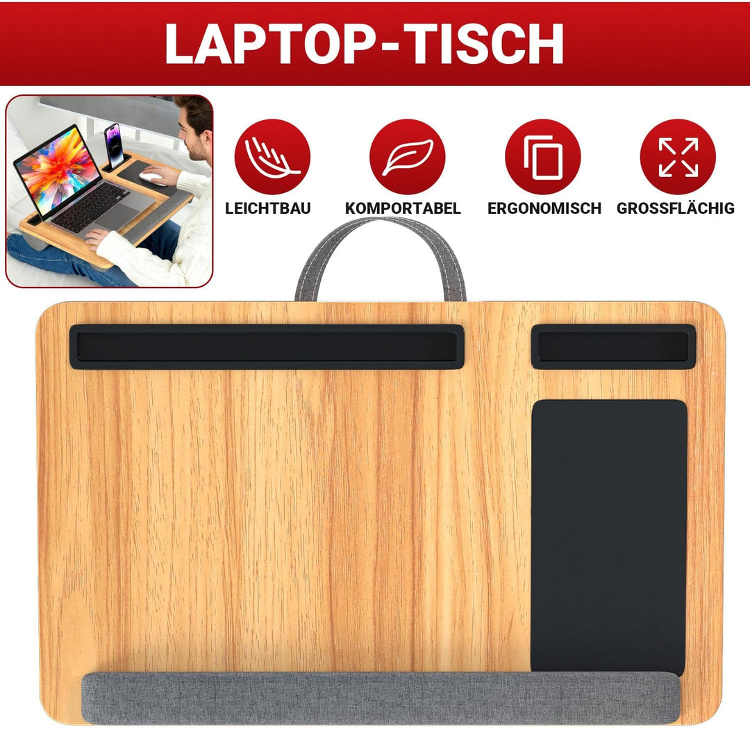 Laptoptisch mit Mauspad, Handgelenkauflage & Handyhalter Laptopkissen für Bett und Sofa Passend für