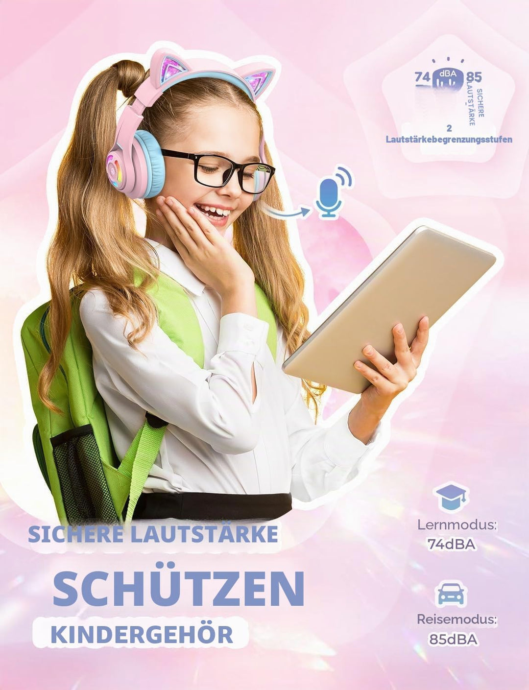 iClever Bluetooth Kopfhörer Kinder, Katzenohr LED Leuchten, Kabellose Kinder Kopfhörer über dem Ohr