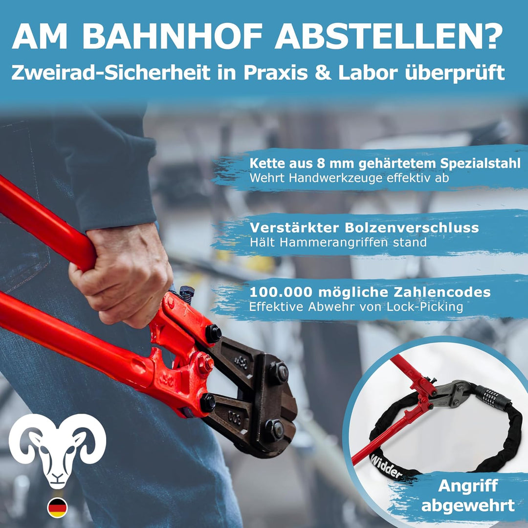 WIDDER Sicheres 8mm Kettenschloss mit Zahlencode (120cm lang, extra-grosse Zahlenräder, gehärtete St