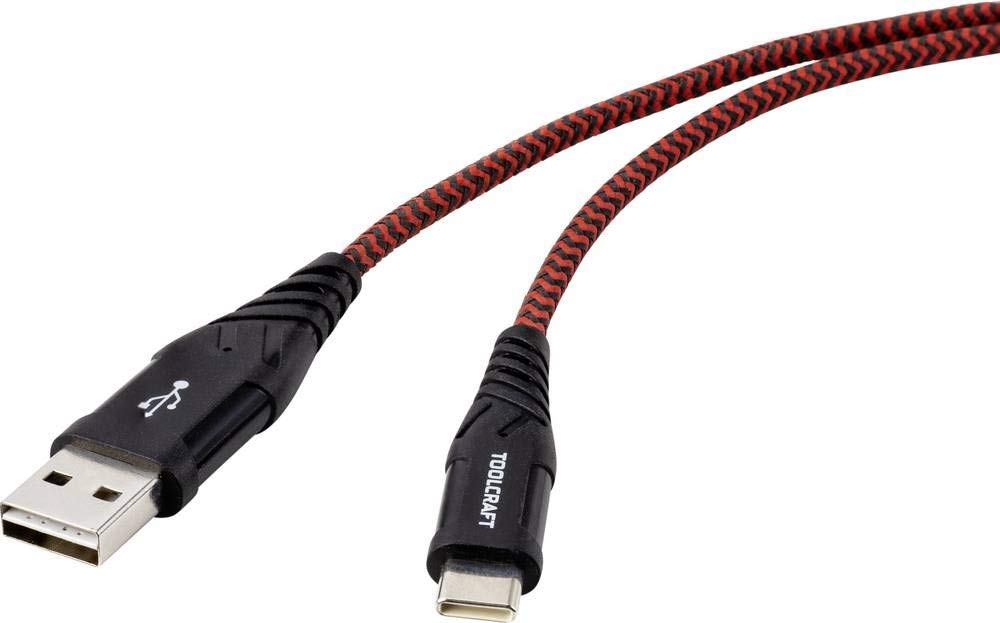 Toolcraft USB-Kabel USB 2.0 USB-A Stecker, USB-C® Stecker 2.00 m Schwarz/Rot Extrem robuste Geflecht
