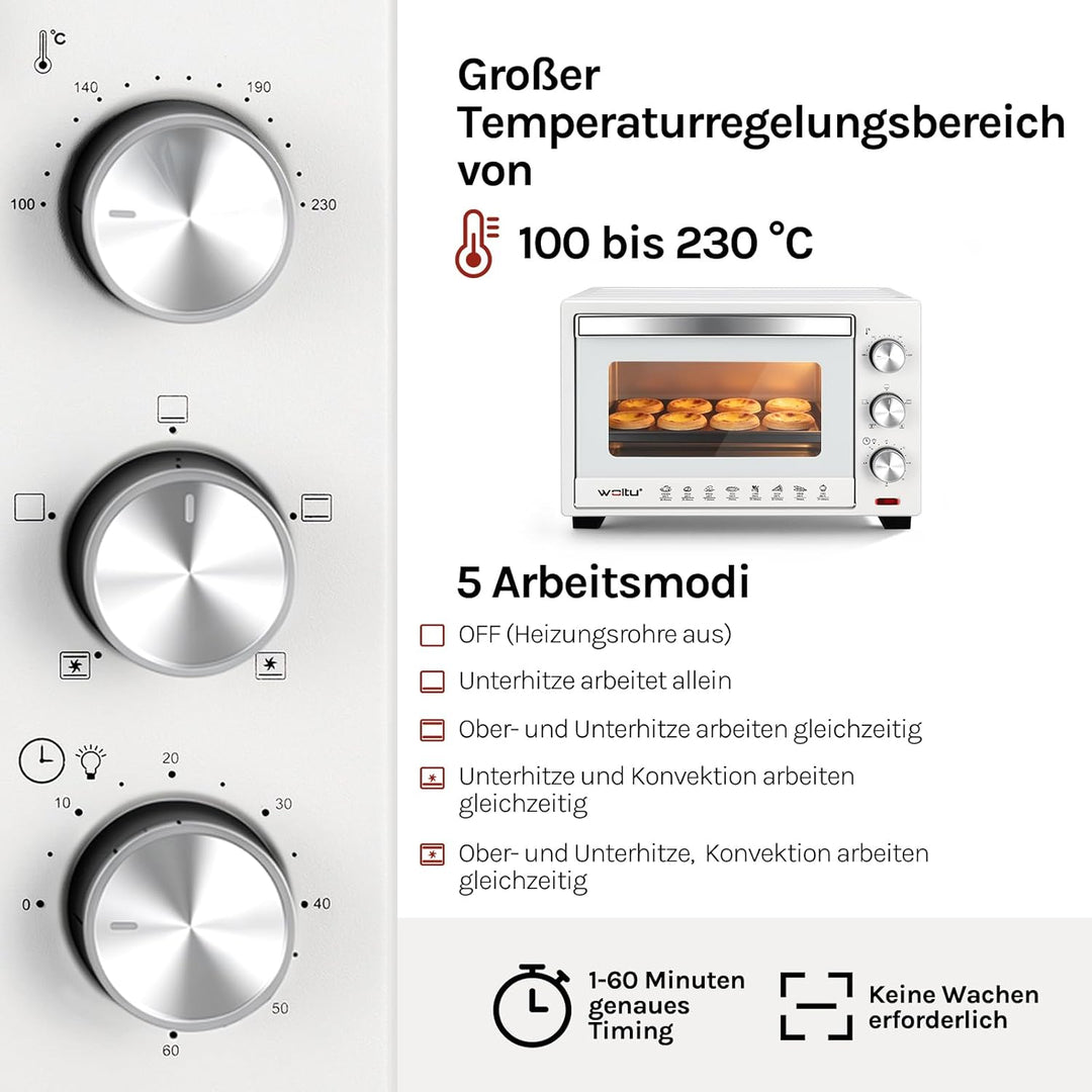 WOLTU Mini Backofen 25 Liter, 1400 Watt Toasterofen | Pizzaofen | Krümelblech mit Timer Minibackofen