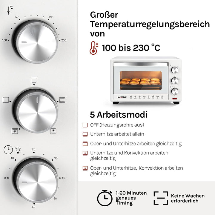 WOLTU Mini Backofen 25 Liter, 1400 Watt Toasterofen | Pizzaofen | Krümelblech mit Timer Minibackofen