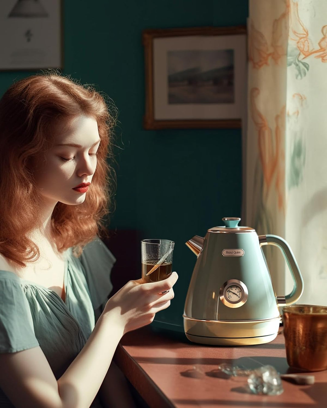 Hazel Quinn Elektrischer Wasserkocher Edelstahl, BPA-frei, Temperaturanzeige, Retro Design, Automati