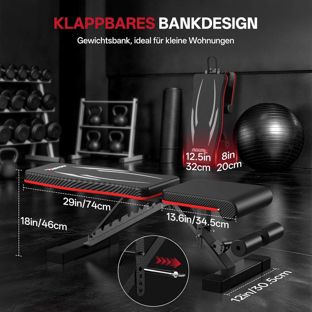 PASYOU Hantelbank Klappbar mit Rückenlehne 300kg Belastbarkeit, Verstellbar Multifunktions Trainings