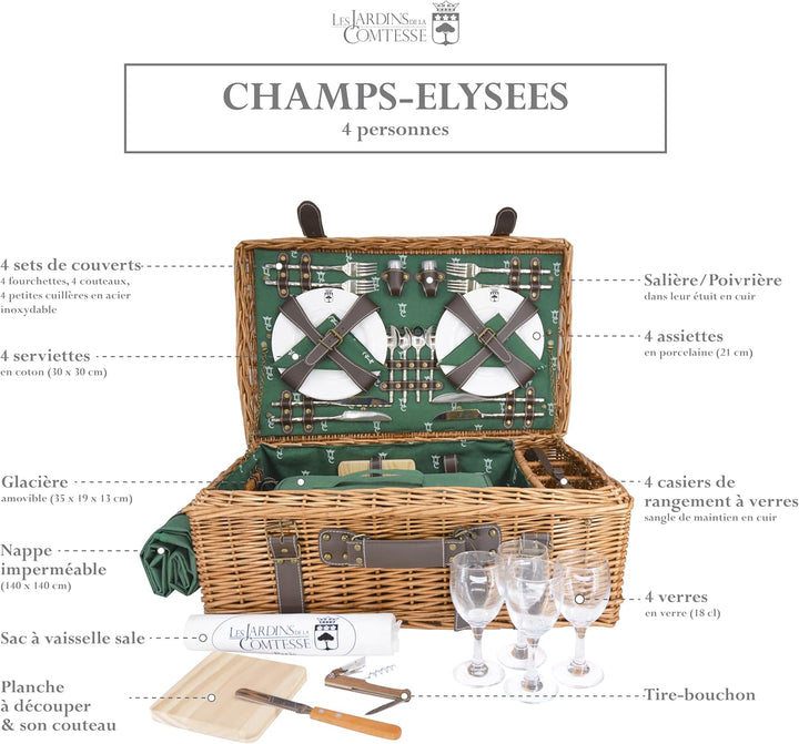 Les Jardins de la Comtesse - Picknickkorb Champs Elysees Grün - Wicker und Leder - Komplett Für 4 Pe