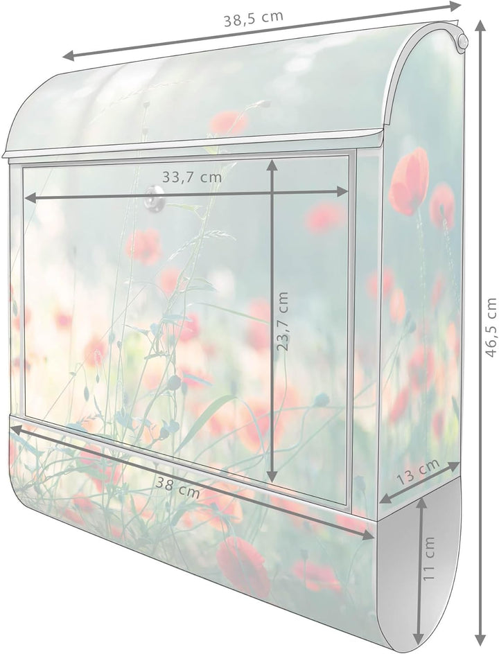 banjado® Design Briefkasten mit Motiv Waldmohn 39x47x14cm &amp; 2 Schlüssel - Briefkasten Stahl Silber m