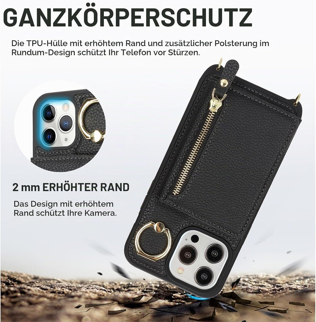 ELTEKER Handyhülle für iPhone 12 Pro Max Hülle mit Band Kartenfach Ringhalterung Geldbörse,Leder Kla