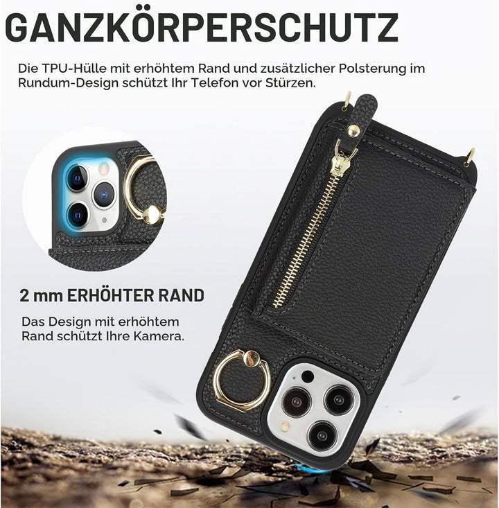 ELTEKER Handyhülle für iPhone 12 Pro Max Hülle mit Band Kartenfach Ringhalterung Geldbörse,Leder Kla