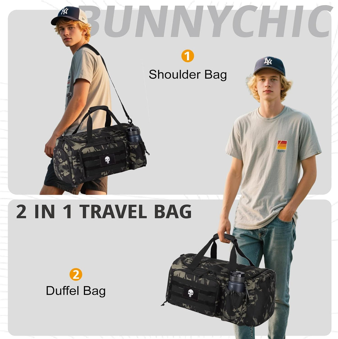 Taktische Sporttasche für Herren, 60L grosse Reisetasche mit Schuhfach, Sporttasche mit Nassfach, Mu