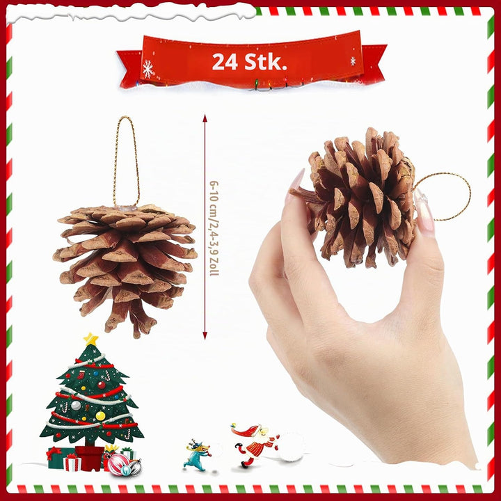 24 Stück Tannenzapfen Gross,5cm Kiefernzapfen mit Goldenem Schlüsselband, Zapfen Deko Weihnachten fü