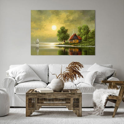 Bilder auf Leinwand 100x70cm Leinwandbild mit Rahmen Boot Wasser Hütte Gross Wanddeko Bild Schlafzim