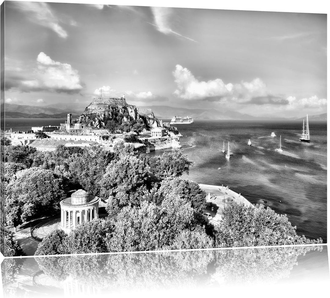 Pixxprint Griechische Entspannungsoase / 100x70cm Leinwandbild bespannt auf Holzrahmen/Wandbild Kuns