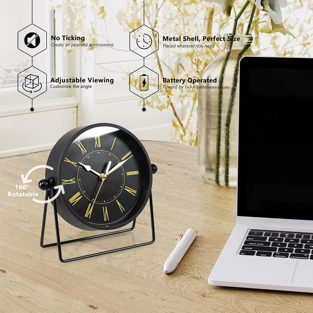 Vintage Metall-Tischuhr – Leise Kaminuhr ohne Ticken mit verstellbarem Winkel, Analoge Standuhr im R