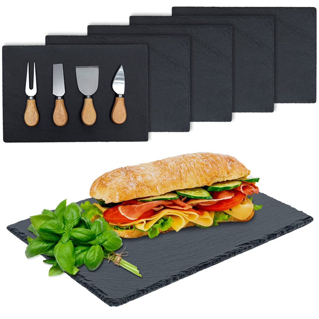TRHN24 by Trendhafen24 Schieferplatte Servierplatte mit Besteck (6er Set) - 30x20 cm Servierplatten