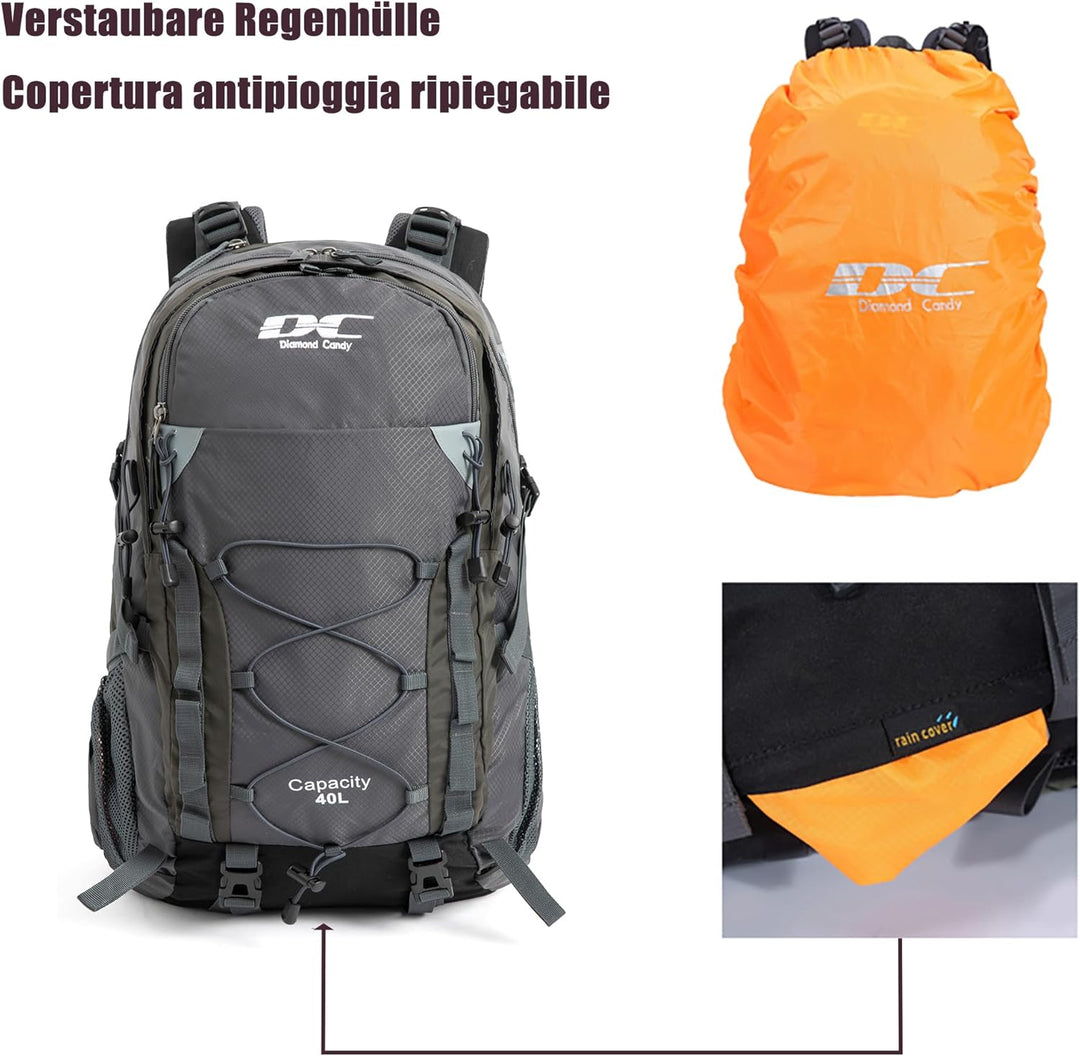 Wanderrucksack 40l Damen Herren Rucksack Wasserdicht Reiserucksack mit Regenschutz Dunkelgrau, Dunke