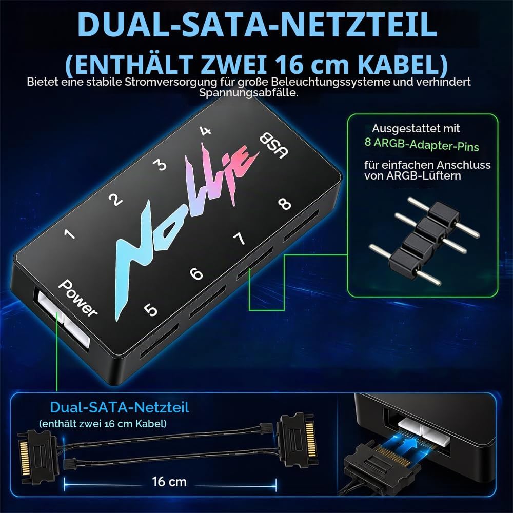 8-Port ARGB Controller, SGZIOO ARGB PWM Fan Hub, 5V 3 Pin RGB Controller PC mit 2 SATA-Kabel, Lüfter