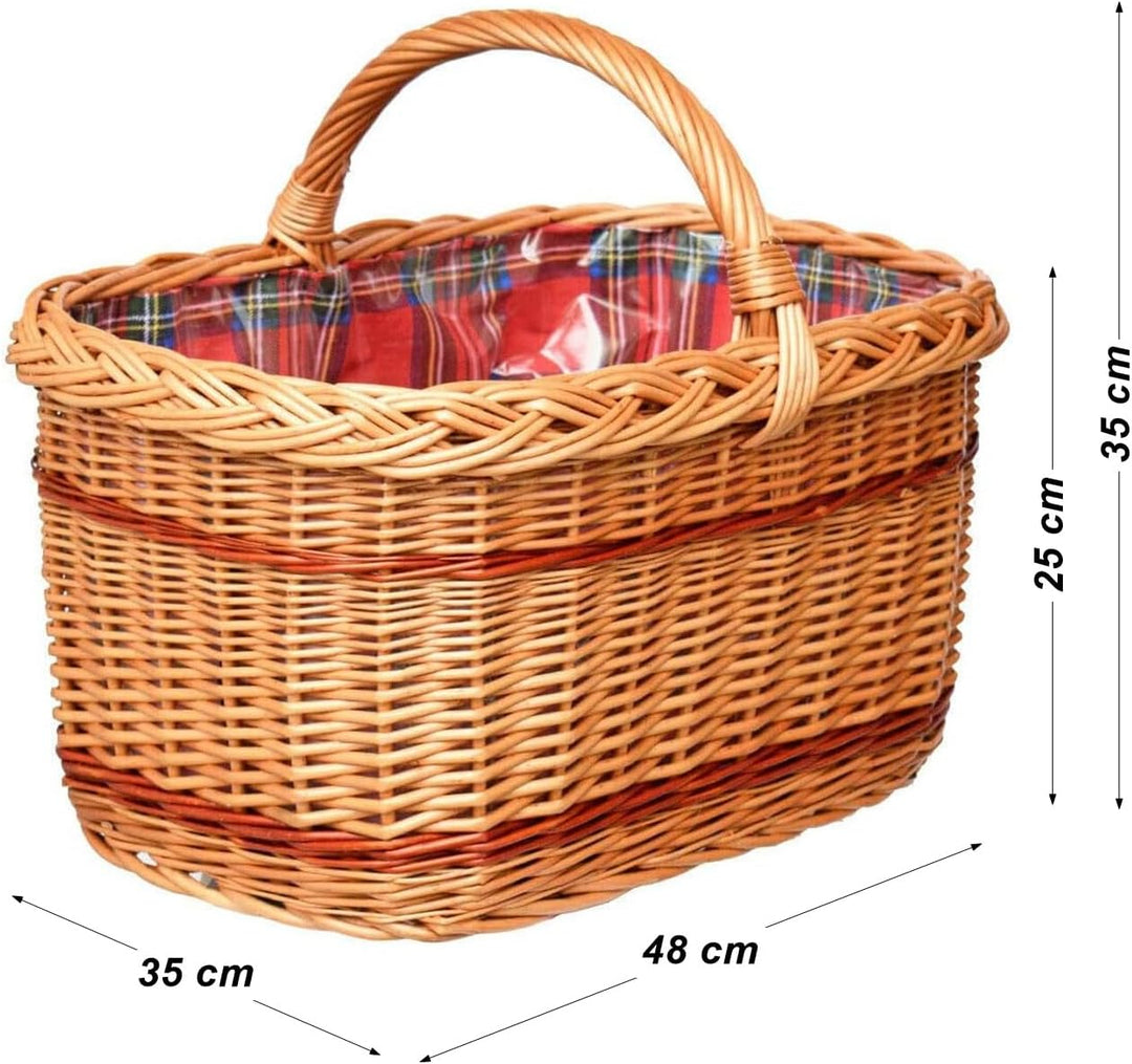 YULKA Weidenkorb handgeflochten Einkaufskorb mit Stoffeinlage Schottenkaro 45cm KZ45LEK