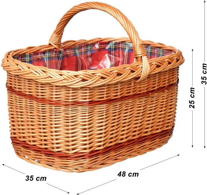 YULKA Weidenkorb handgeflochten Einkaufskorb mit Stoffeinlage Schottenkaro 45cm KZ45LEK