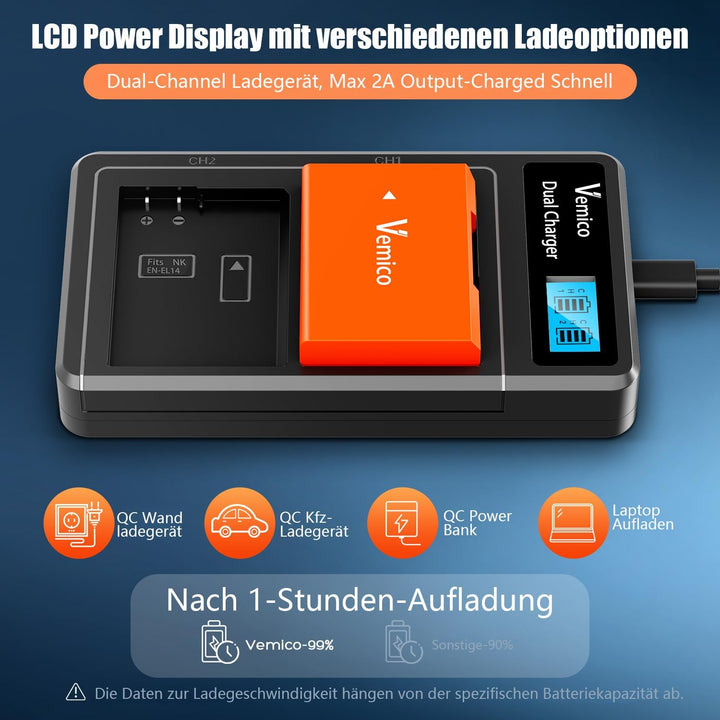 Vemico EN-EL14 EN-EL14A Akku Ladegerät Kit 2 Pack 1500mAh Ersatzakkus Typ C LCD Dual Ladegerät für N