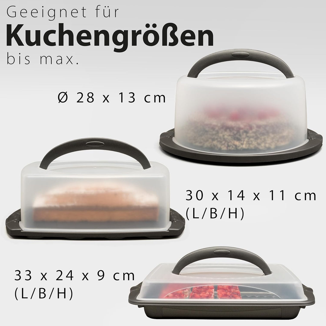 Hausfelder Kuchen Transportboxen Set (Vorteilspack - 1x rund, 1x rechteckig für Blechkuchen, 1x rech