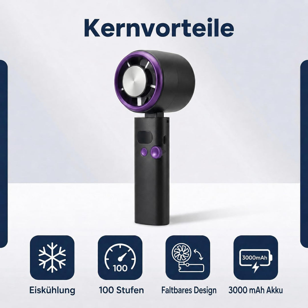 Handventilator mit Kuehlung, Mini Ventilator Akku Aufladbar mit 100-Speed Turbo Wind &amp; LED Display,